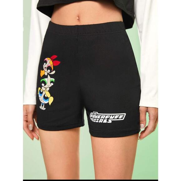 Romwe Powerpuff Girls Cartoon Letter Graphic Biker Black Shorts Plus Size 3XL - Picture 6 of 14